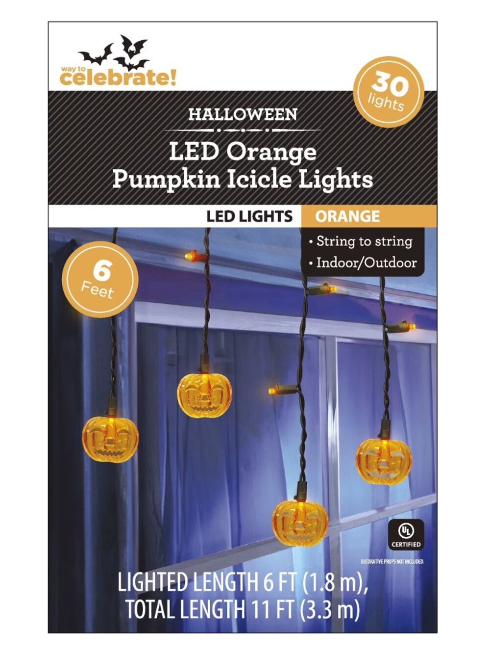 Halloween LED Orange Pumpkin Icicle String Lights 30 LEDs 6 Ft Indoor Outdoor